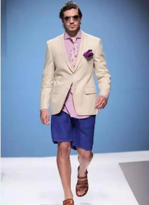 Custom Made Estate Spiaggia Uomo Matrimonio Smoking Dello Sposo Due button  Suit abiti Da Sposa Fessura E in Forma Groomsman Uomini Suits (short Pants  + W