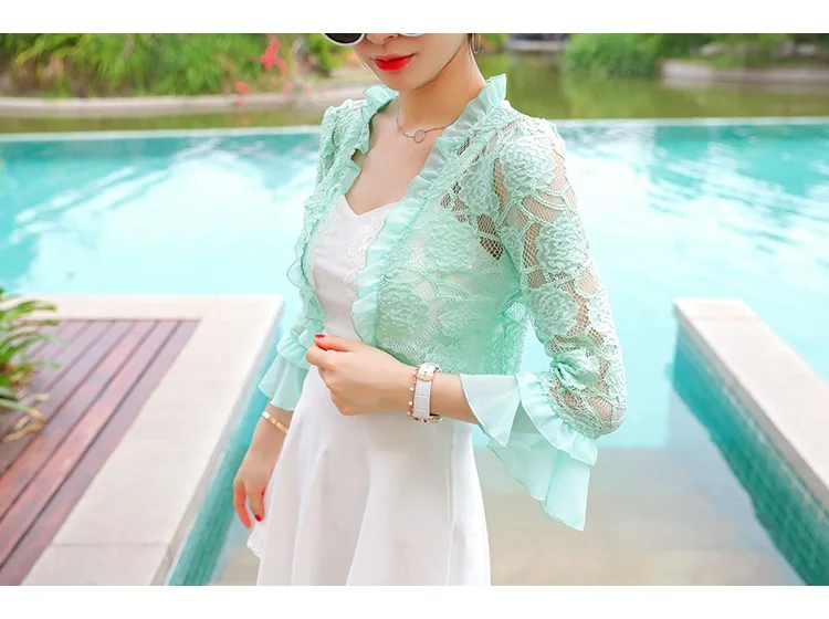 Green blouse Лето, кружевная женская блузка, Ажурные кружевные кроше Короткие топы, кардиган, шаль, жилет, blusas femininas T91591 - Цвет: Green blouse
