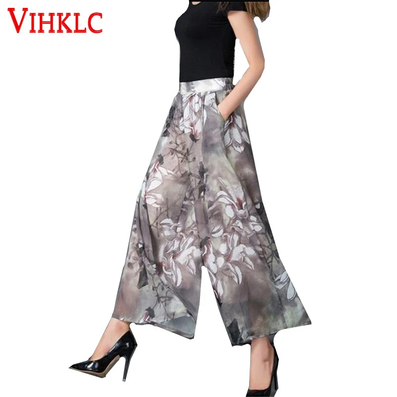 Новые летние 2017 женские широкие брюки с принтом юбка свободная для отдыха