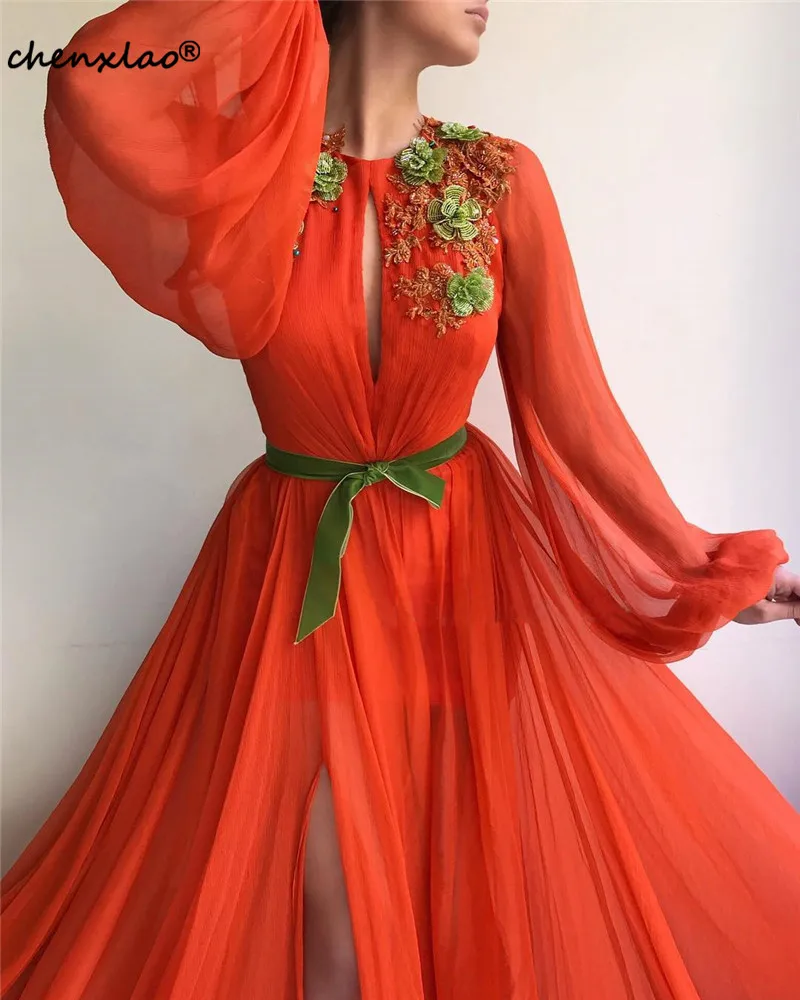 

New Muslim Evening Dresses Chiffon A-Line Jewel Neck Full Sleeves Lace Appliques Long Evening Dress Floor Length Gowns