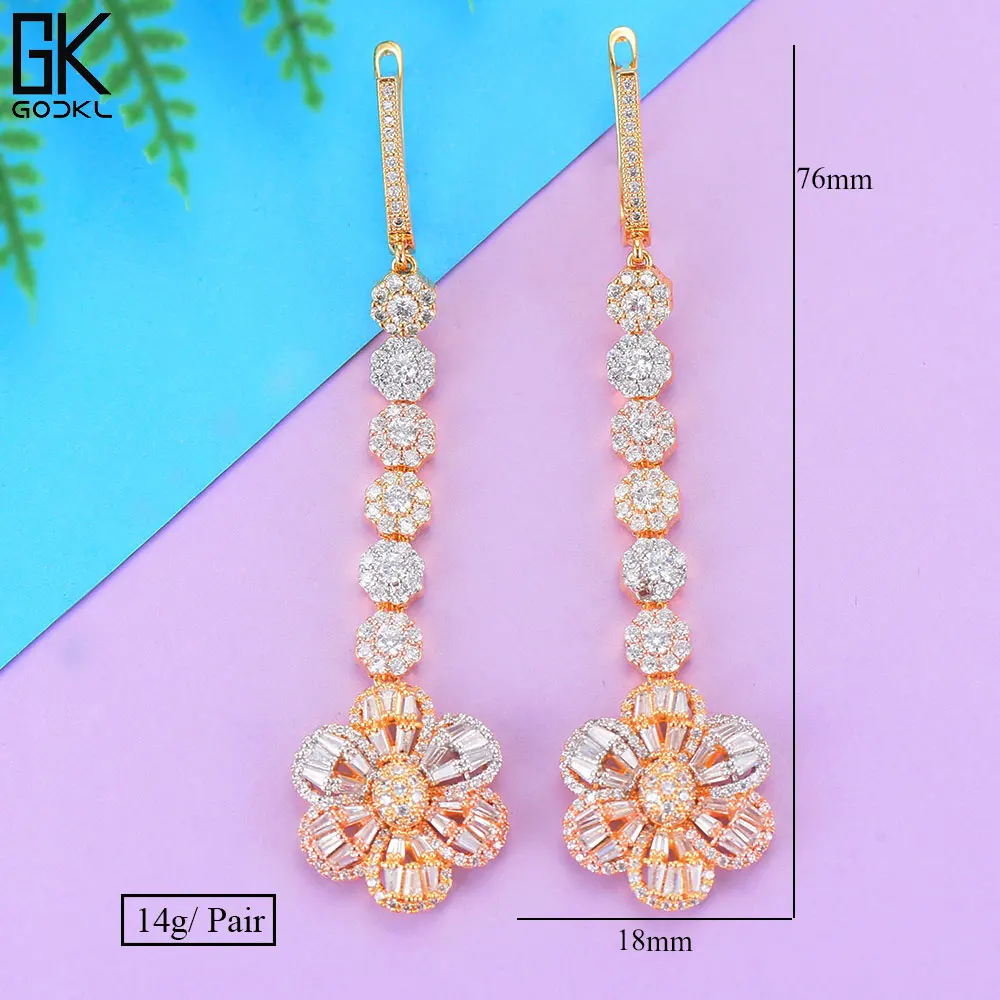 GODKI Luxury Flower Cubic Zircon Crystal CZ Long Dangle Earrings For Women African Bridal Earring aretes de mujer modernos 2018 | Украшения
