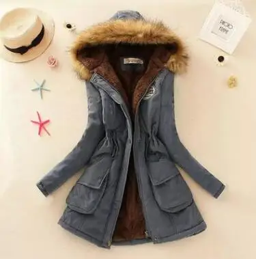 Denim Blue Зимняя женская повседневная куртка с капюшоном, Вельветовая Толстая теплая куртка с меховым воротником и хлопковой подкладкой/женские парки, шерстяная стеганая куртка - Цвет: Denim Blue