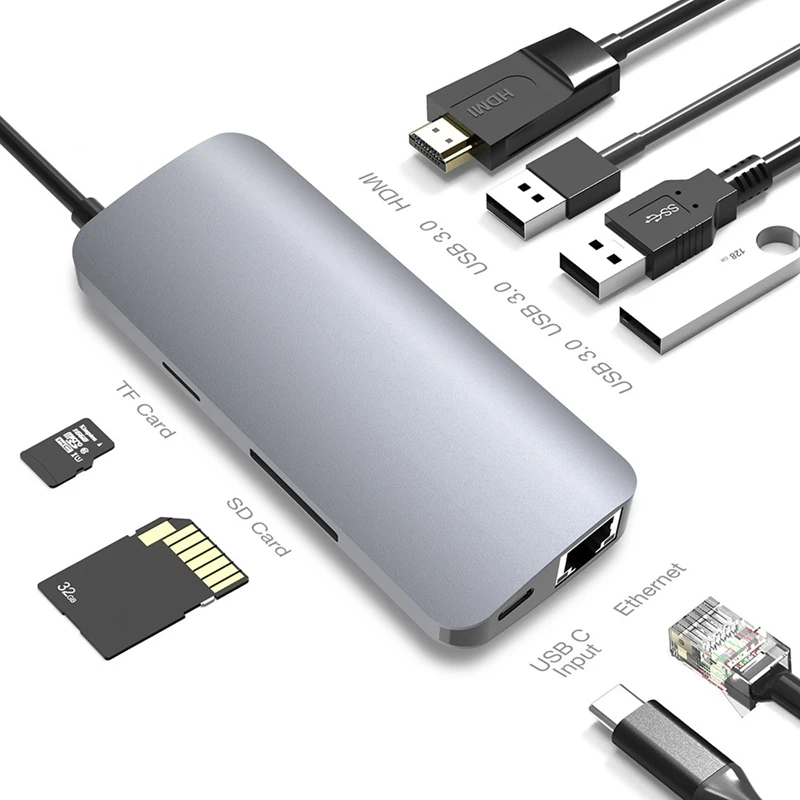 9 в 1 Type-C концентратор к Hdmi Usb 3 0 Sd Tf Pd Rj45 Vga Ethernet Lan кардридер адаптер | Электроника