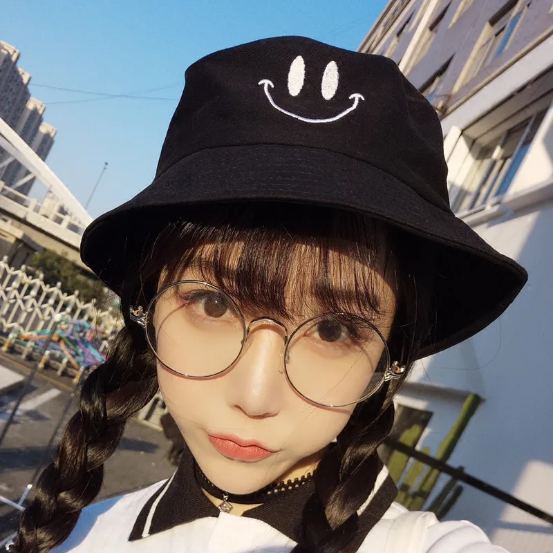 Хлопок Harajuku улыбка узор черная Рыбацкая шляпа летняя женская шапочка для