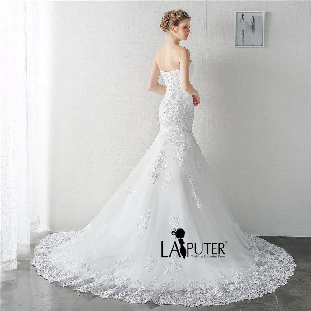 Elegant Strapless Lace-up Back Court Train Sleeveless Lace Appliques Mermaid Wedding Dresses Cheap Bridal Gowns | Свадьбы и