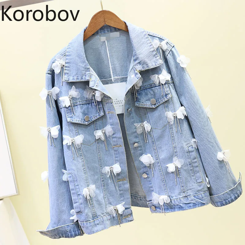 Korobov/ новые осенние корейские джинсы с бахромой и жемчужным бантом куртки Harajuku светло-голубая джинсовая куртка однобортное пальто 78223