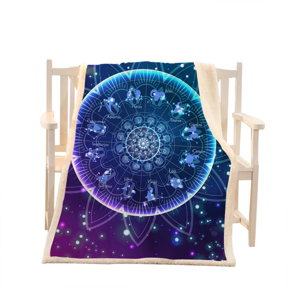 

Zodiac Blanket Lotus Mandala Sherpa Fleece Blanket Bling Glitter Galaxy Couch manta 150x200 Indian Astrology Bedding
