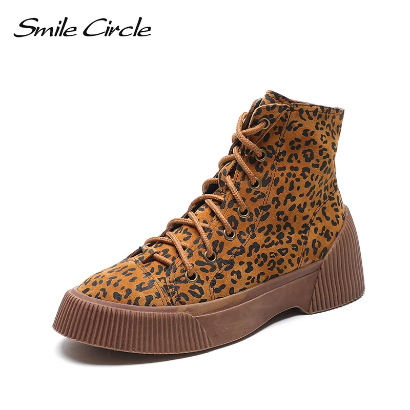 Зимняя обувь со смайликом женские ботинки Модные леопардовые из натуральной