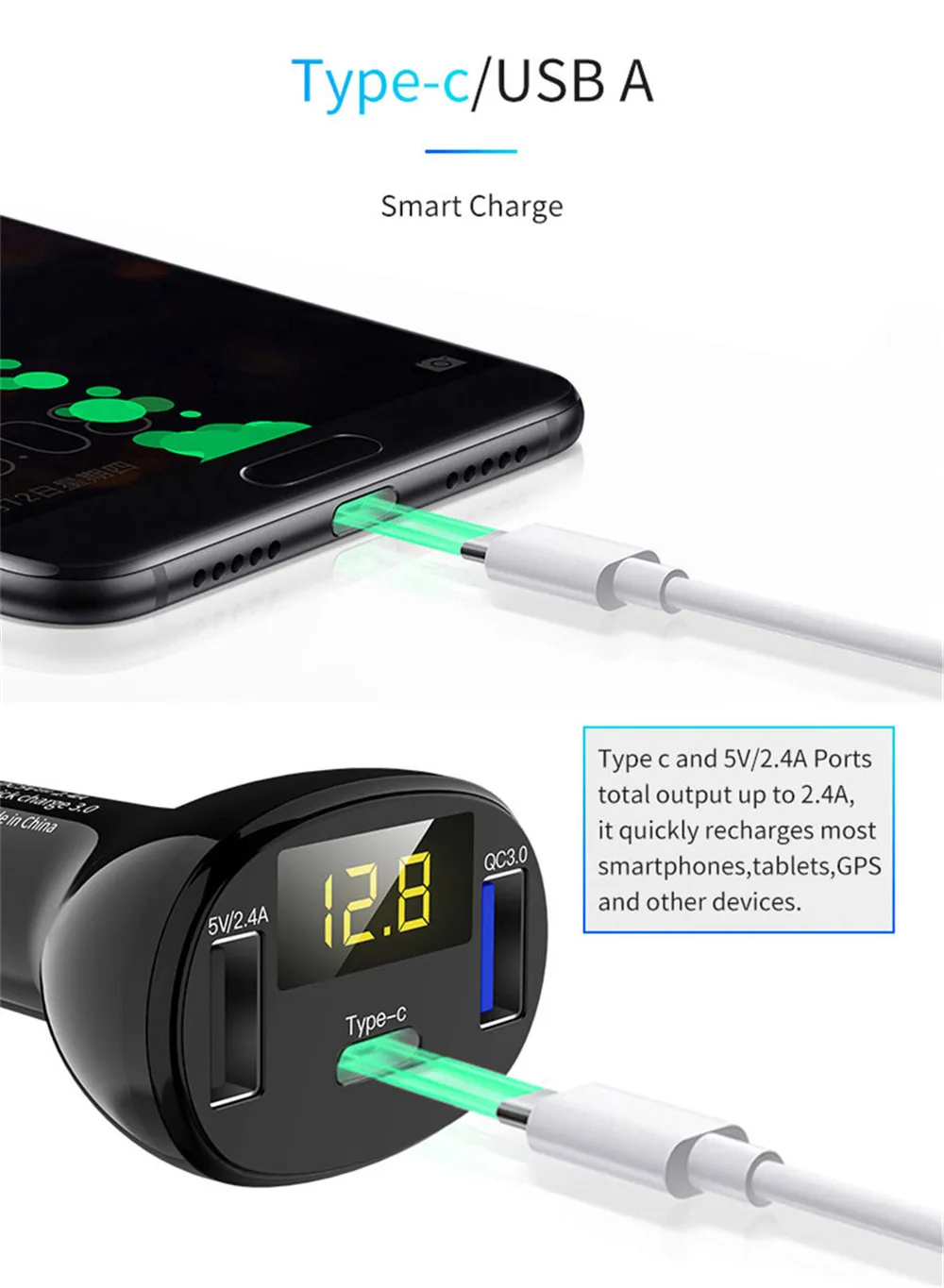 Автомобильное зарядное устройство цифровой usb type-C многофункциональное измерение напряжения автомобильный прикуриватель QC3.0 Быстрая зарядка fm-передатчик C02