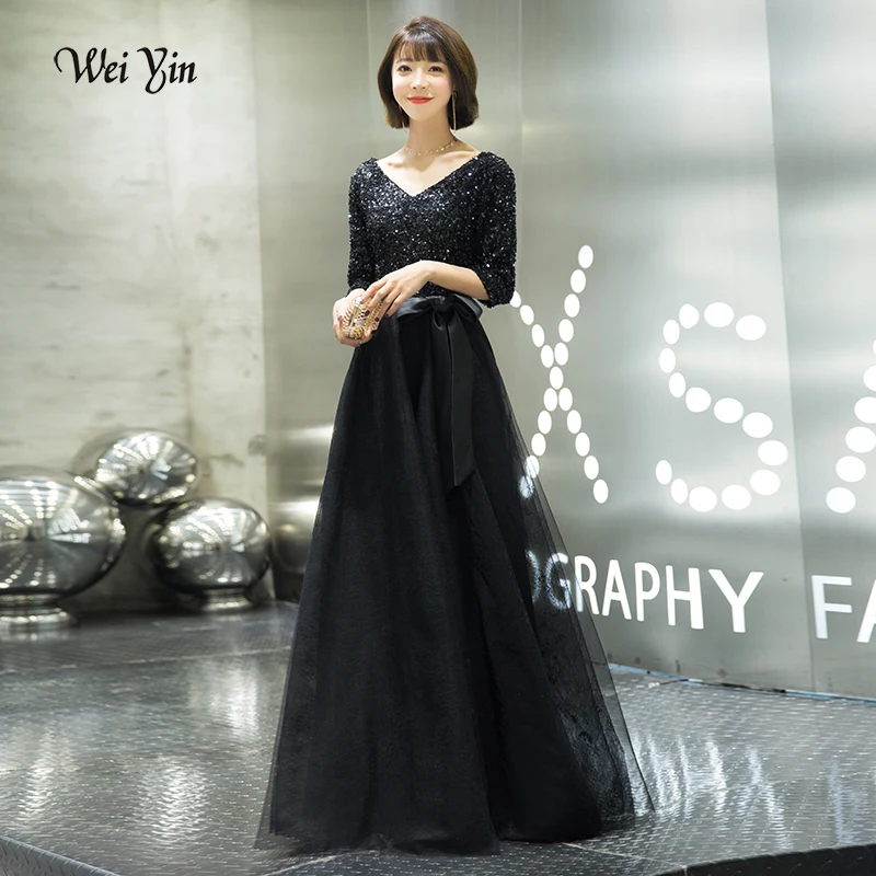 weiyin 2019 New Black Half Sleeves V-neck Elegant Sequined Zipper Luxury Party Formal Dress Floor Length Evening WY1526 | Свадьбы и