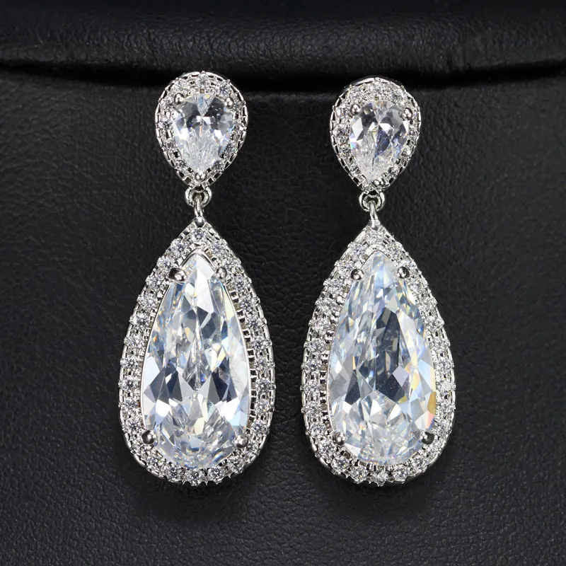 white CWWZircons 7 цветов Классический дизайн капли воды серебряный цвет шампанского золото кристалл Женские Висячие серьги с камнями CZ CZ078 - Окраска металла: white