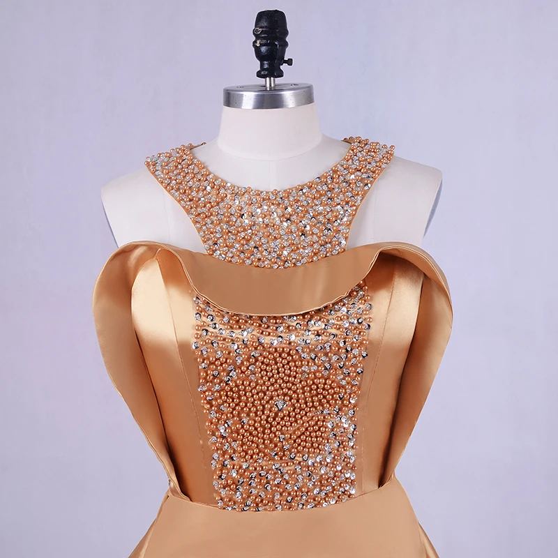 Элегантное женское вечернее платье золотого цвета 2018 большие размеры шикарное с