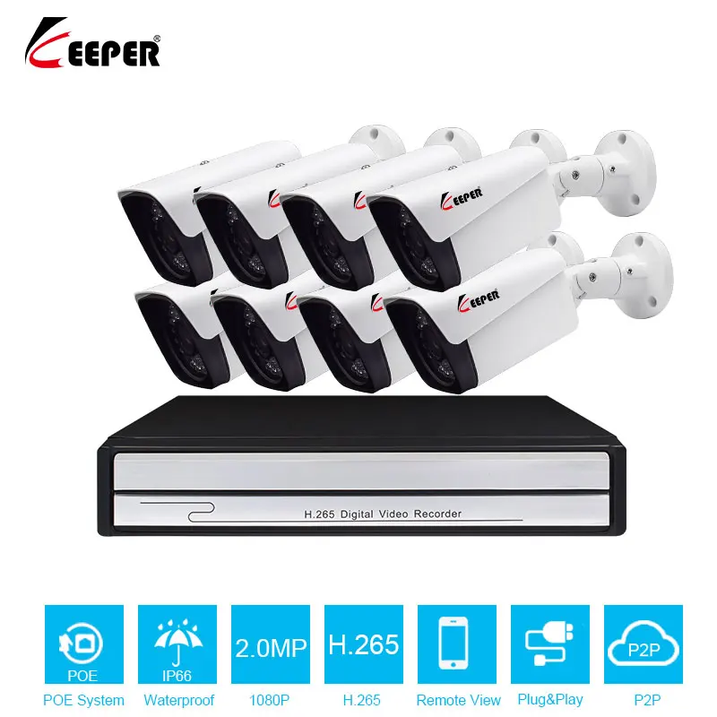 Хранитель H.265 8CH 1080P HDMI POE NVR CCTV система 8 шт. 2.0MP наружная ip-камера Водонепроницаемая P2P Onvif система видеонаблюдения