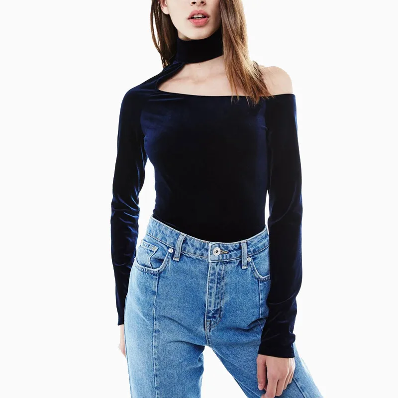 2017 женские Винтаж Твердые Холтер бархатная блуза сексуальная Slash шеи комбинезон