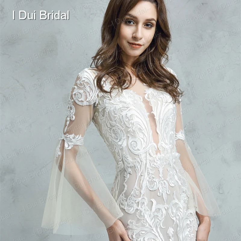 Lace Mermaid Wedding Dress with Champagne Lining Appliqued Unique Design Flare Sleeve
