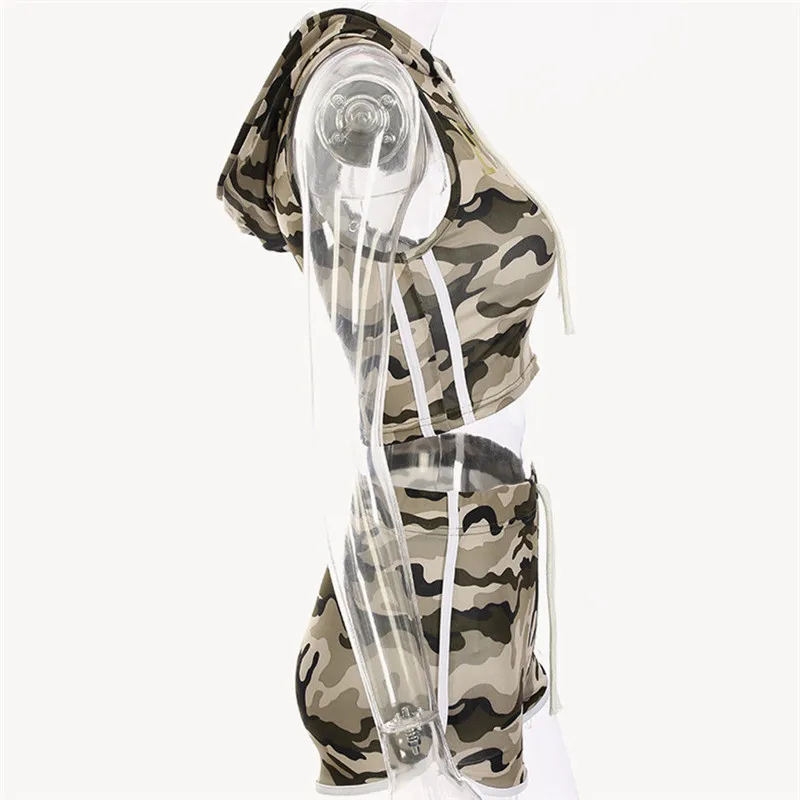 Женский Камуфляжный спортивный костюм 2 шт. футболка без рукавов с капюшоном +