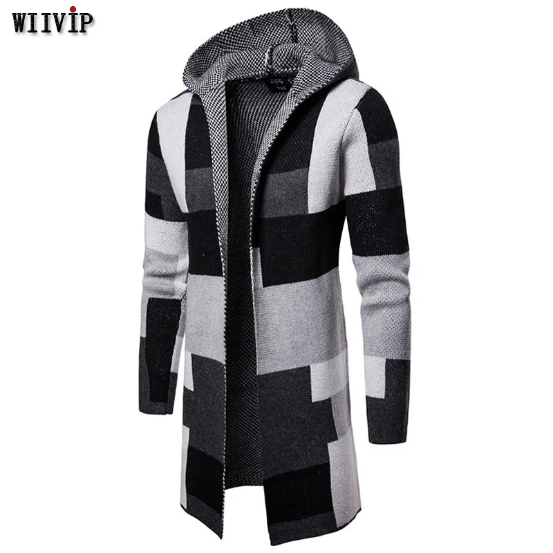 Male Autumn Winter Hooded Coat Knitted Jacket Middle-long Sweater Mens Patchwork Cardigans yw239 |