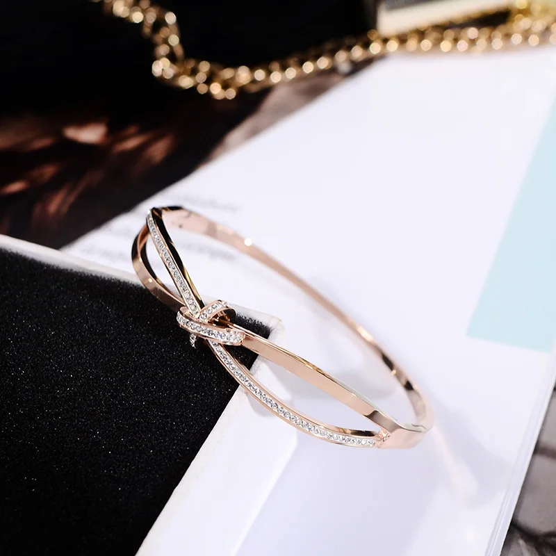 YUN RUO 2019 простой и шикарный модный браслет с бантом из кристаллов цвета розового