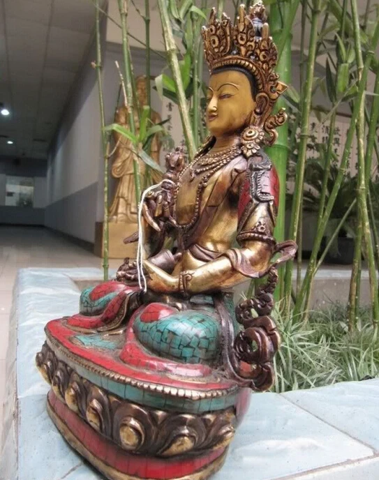 Тибетская медная бронзовая инкрустация коралловый бирюзовый статуя Будды