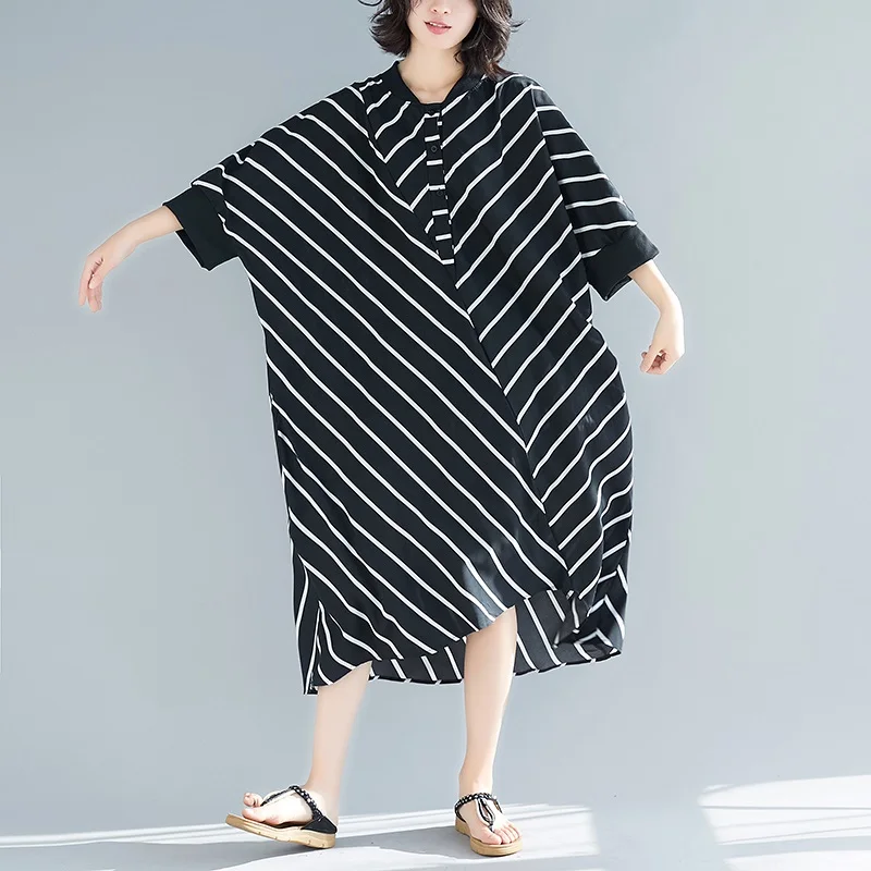 white black stripe vintage plus size women casual loose long spring summer shirt dress elegant clothes 2020 ladies dresses | Женская