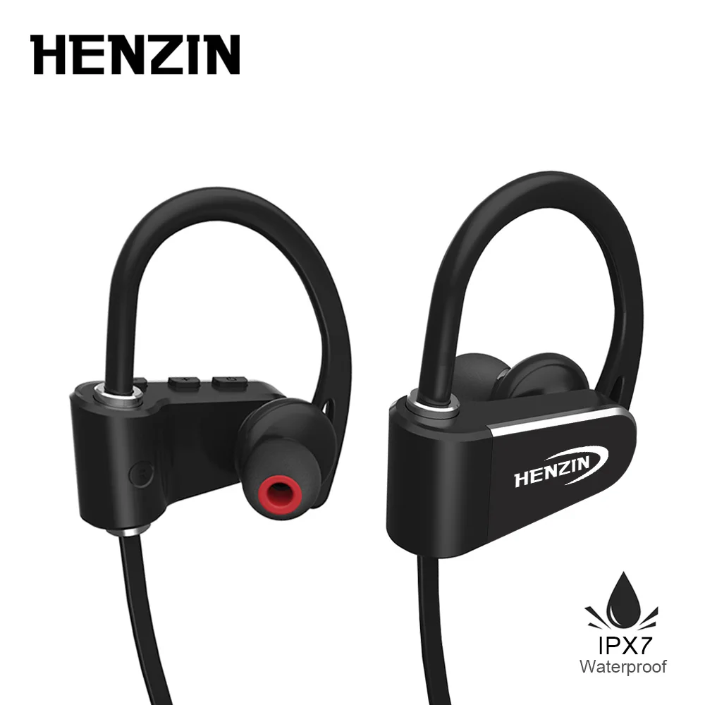

HENZIN Bluetooth Earphone Waterproof IPX7 Wireless Sports Headphone HiFi Stereo Ear-hook Headset Running With Mic Earphones