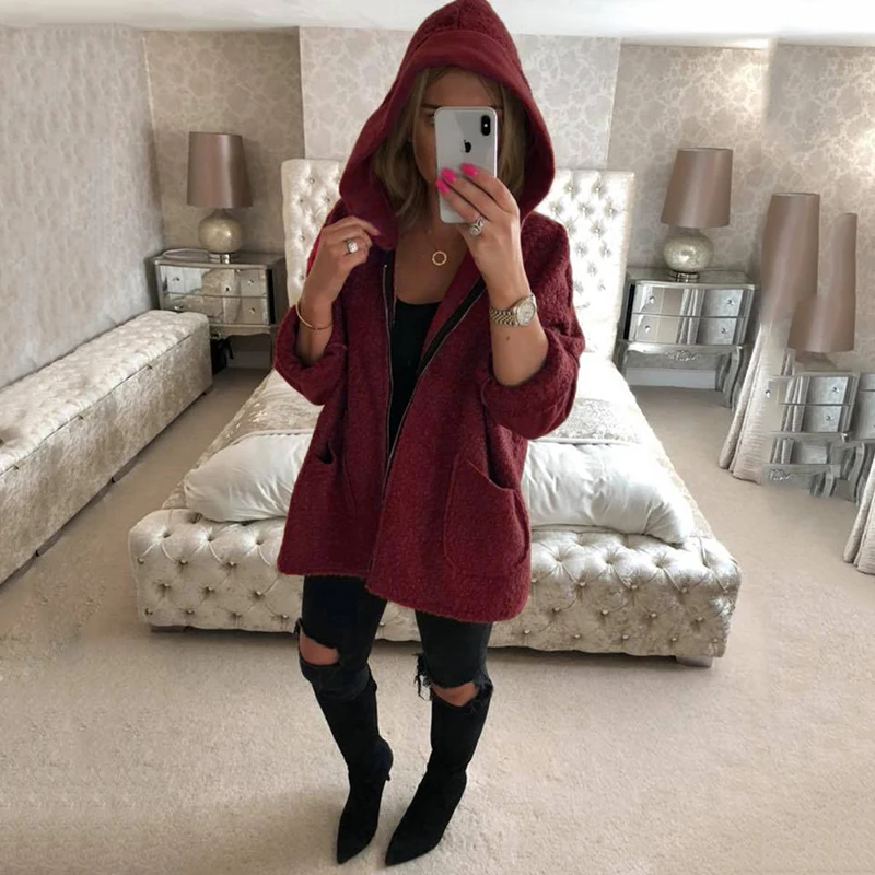 SHIBEVER New loose autumn women jacket fashion fur coat hooded Zipper causal black female Outerwear NDR96 | Женская одежда