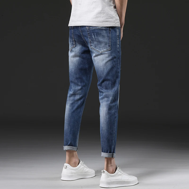 2018 лето голубой ботильоны Длина Для мужчин джинсы Slim Fit джинсовые штаны рваные