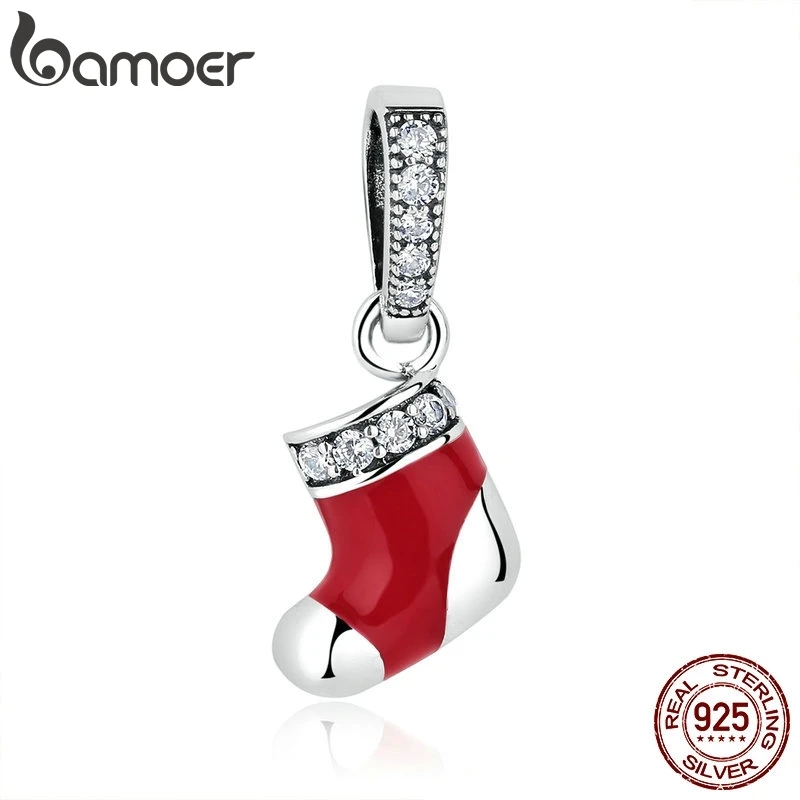 BAMOER 925 пробы серебряные рождественские носки красные бусины Подвески подходят для женщин браслеты ожерелья DIY Аксессуары SCC074