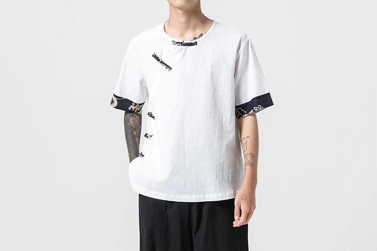 Sinicism Store мужские лоскутные футболки Harajuku уличная летняя хлопковая льняной Топ Мужская футболка в китайском стиле белые футболки