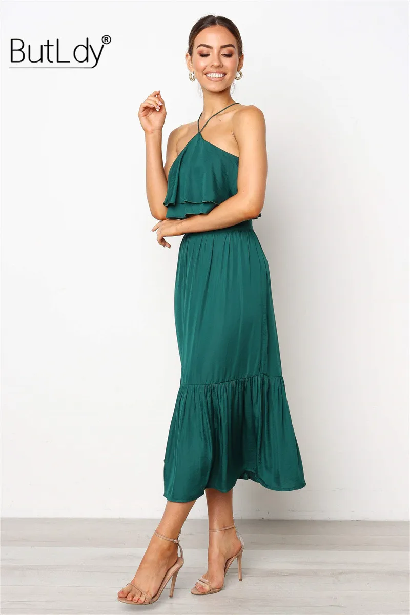 Женское платье с лямкой на шее плиссированное пляжное открытыми плечами и