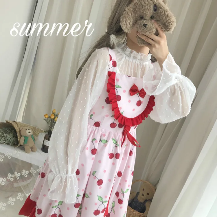 cherry slip dress JSK/летнее милое платье-комбинация с клубникой; розовое платье в стиле Лолиты; розовое платье на бретельках с оборками и рисунком вишни; блузка - Цвет: cherry slip dress