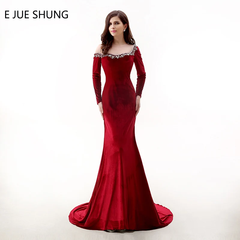 

E JUE SHUNG Red Velvet Mermaid Evening Dresses Long 2019 Beaded Long Sleeves Evening Gowns Formal Dresses Dubai Arabic Dresses