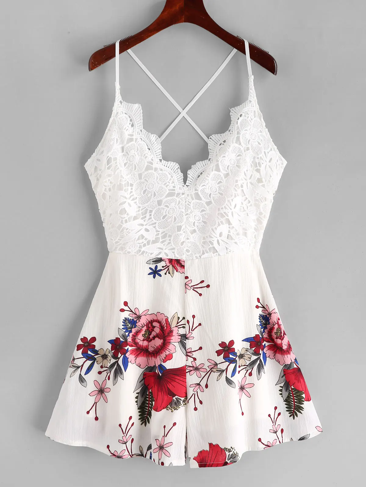 ZAFUL комбинезоны завязанные на спине кружевные панели Цветочные Cami Romper без рукавов крест-накрест повседневные женские сексуальные спагетти ремень Боди
