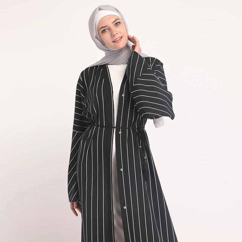 Черный Полосатый кафтан abaya халат Дубайский мусульманский кардиган платье хиджаб Абая для женщин Caftan Катар Оман турецкий Исламский Одежда