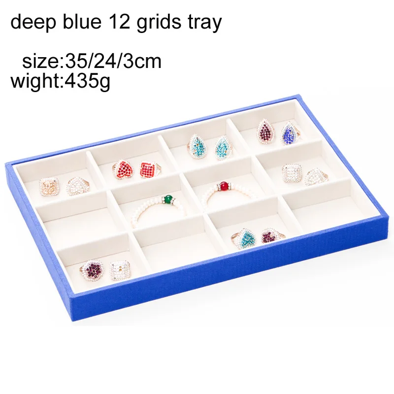 deepblue 12grid tray Пять стилей, пять цветов, бархатный лоток для ювелирных изделий, чехол для демонстрации, чехол, ожерелье, кольца, браслет, чехол для демонстрации, Органайзер - Цвет: deepblue 12grid tray
