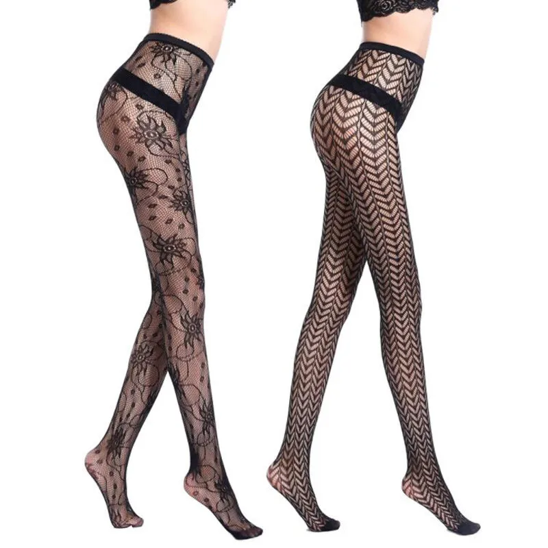 Женские чулки с листьями лотоса сексуальные Стрейчевые колготки черные