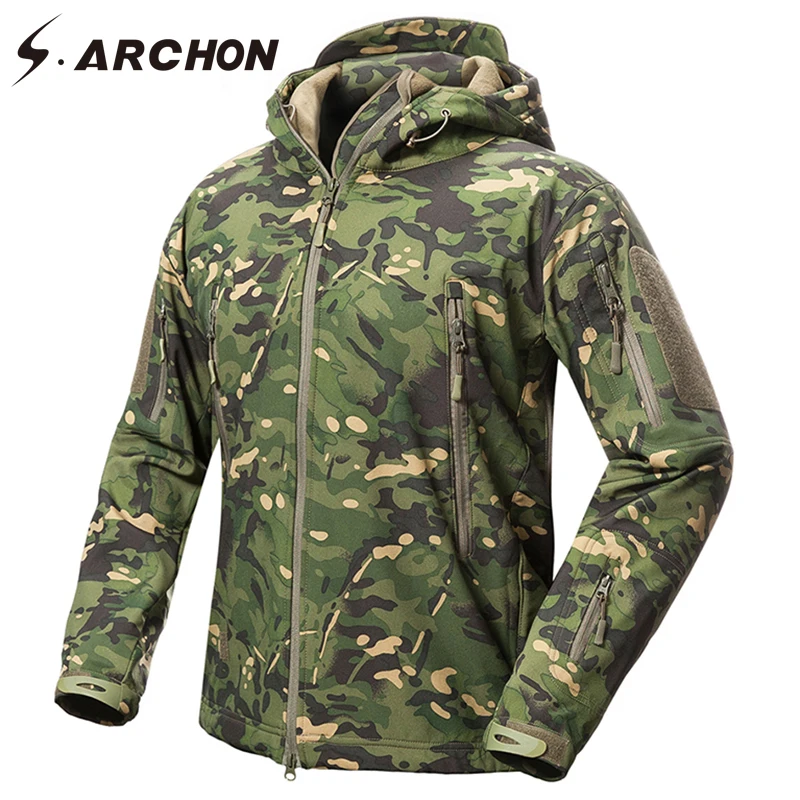 S.ARCHON Tactical Camouflage Jacket Men Waterproof Soft Shell Military Jacket Army Fleece Coat Multicam Camo Hooded Windbreaker men zip camo hooded jacket