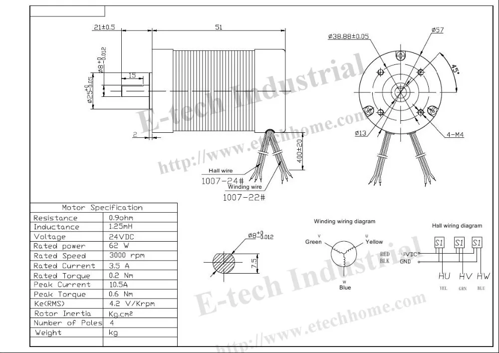 BLDC мотор 24V 3000 об/мин бесщеточный двигатель постоянного тока 69W 28oz-in 57 мм диаметр