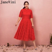 janevini 2018 red vintage bridesmaid dresses high neck short sleeve tea length lace zipper back plus size vestito lungo elegante
