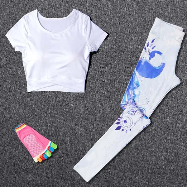Women Sport Suit A Костюм для занятия йогой Для женщин спортивный костюм Фитнес Спортивная одежда для бега Леггинсы спортивные футболки для детей, футболка+ Йога Носки+ для тренировок и занятий в спортзале, брюки 3 шт./компл. спортивная одежда - Color: Women Sport Suit A