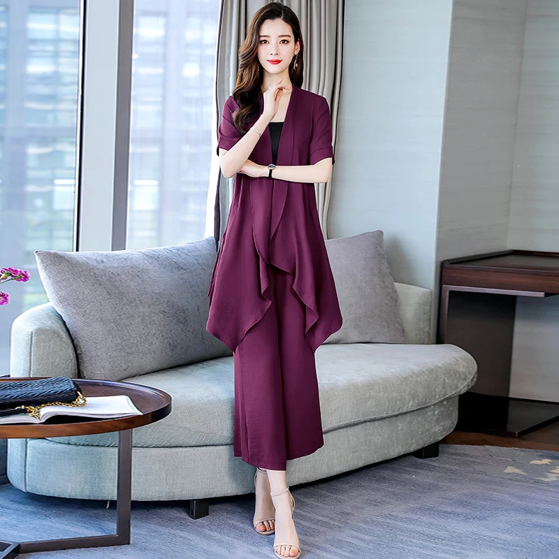 Женский костюм с широкими штанами модный синий кардиган из двух предметов