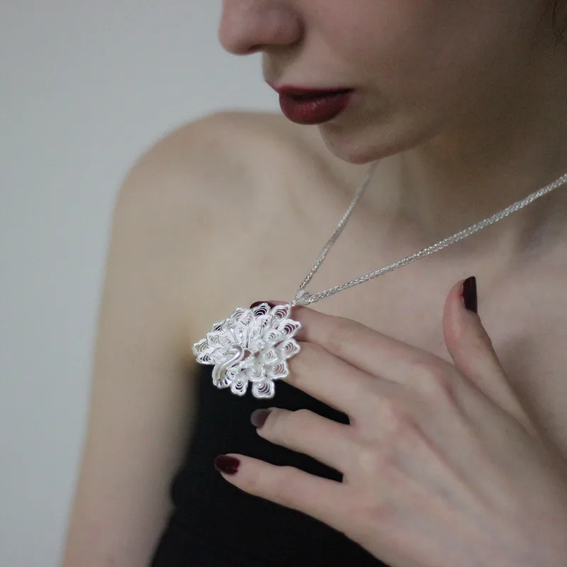 Ожерелье в виде этнического павлина 999 пробы из стерлингового серебра Женские