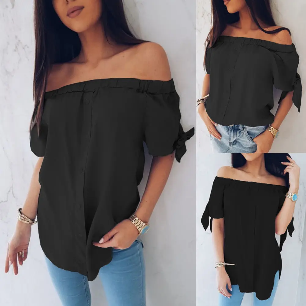 Women Fashion Summer Off Shoulder Short Sleeve Beach Casual Slash Neck Blouse |