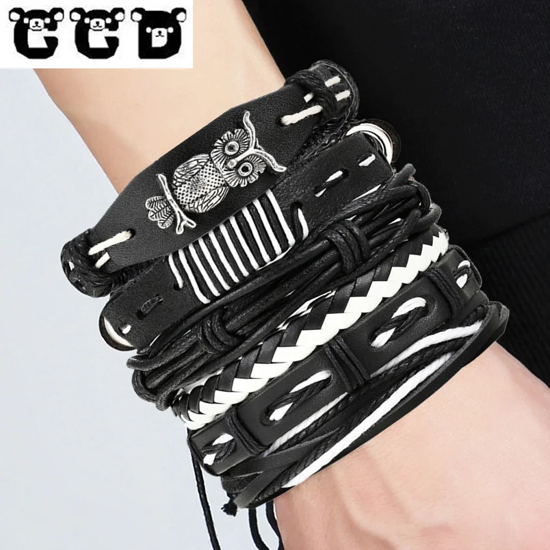 2019 New 6 pcs 1 Set Fashion accessories Owl Bead Leather Bracelets &amp bangles Multilayer Braided Wristband Bracelet Men pulseira |