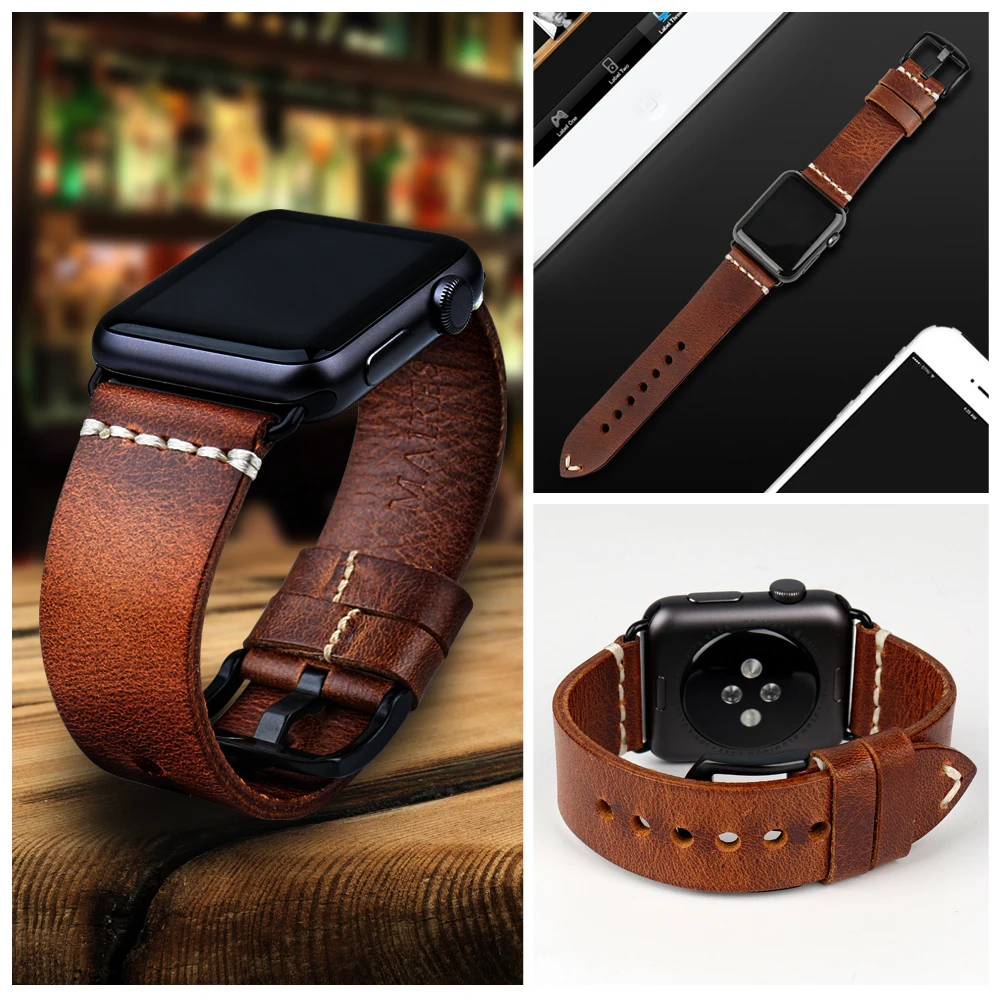 Ремешок MAIKES из натуральной кожи для Apple Watch Band 44 мм 40 42 38 Series 6 5 4 3 2 черный браслет