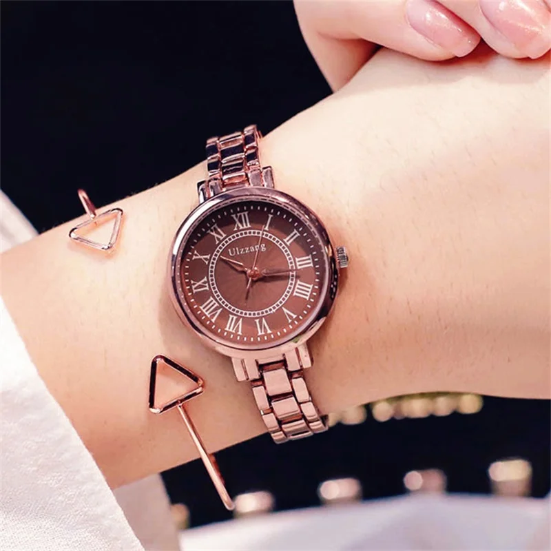 

Retro Coffee Gold Stainless Steel Women Watches Ulzzang Fashion Brand Female Wristwatches Casual Roma Scale Ladies Quartz Watch