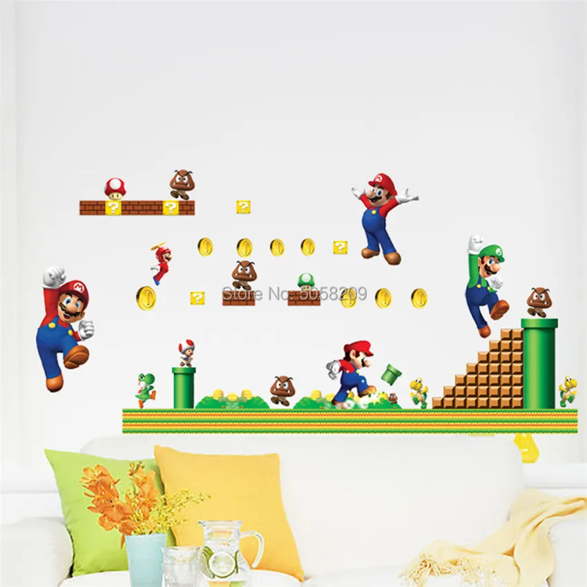 Супер забавные Mario Bros аниме наклейки на стены 3d игра плакат виниловые наклейки в детскую комнату украшения детской комнаты мультфильм обои 70*50 см