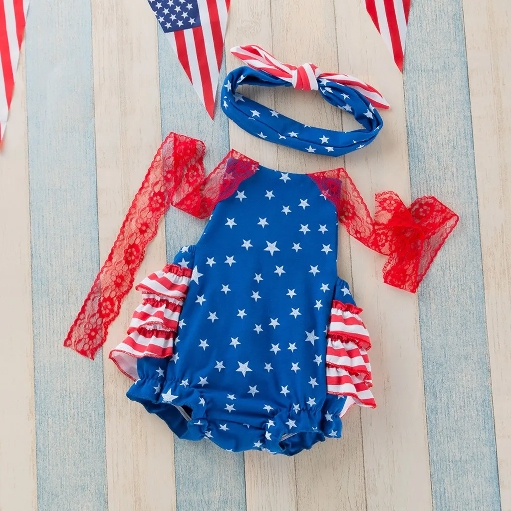 Одежда для новорожденных маленьких девочек Комбинезон с принтом звезд 4 июля +