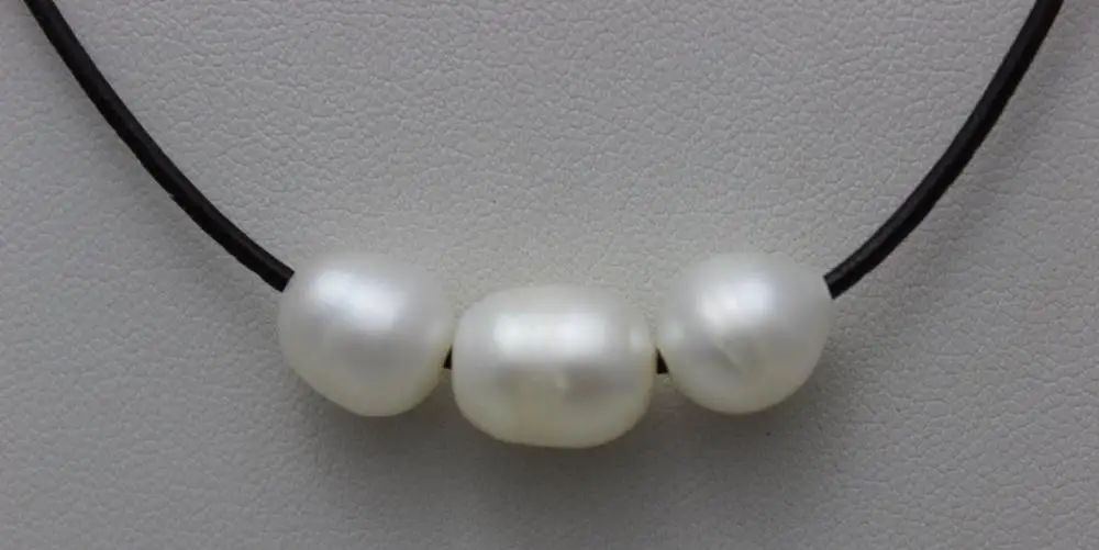 &gt@@@@@ Темно-коричневый Натуральная Кожа 3 белый Пресной Воды Жемчужное Ожерелье