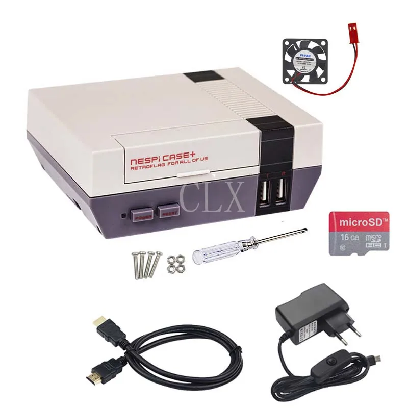 Чехол NESPi + Plus Raspberry Pi 3 Model B NES Retroflag Box SD карта 16 ГБ блок питания вентилятор кабель HDMI